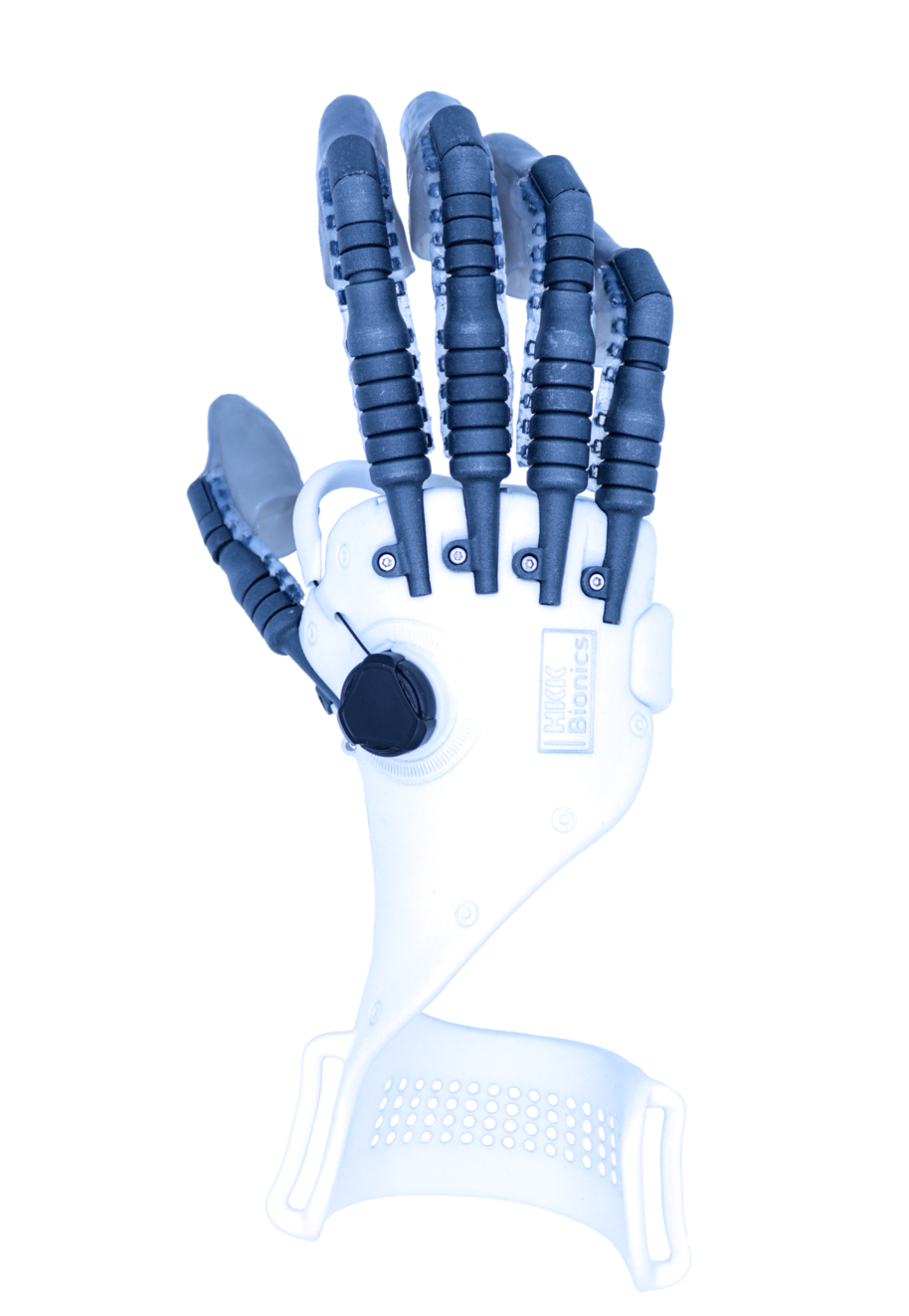 Orthese Exomotion Hand One freigestellt vor hellem Hintergrund.