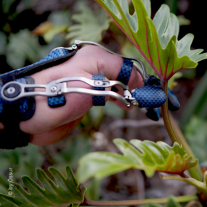 Eine Hand mit einer blauen Karbonfaserprothese hält einen Pflanzenstiel. Die Prothese bietet Unterstützung und Präzision für die Fingerbewegung.